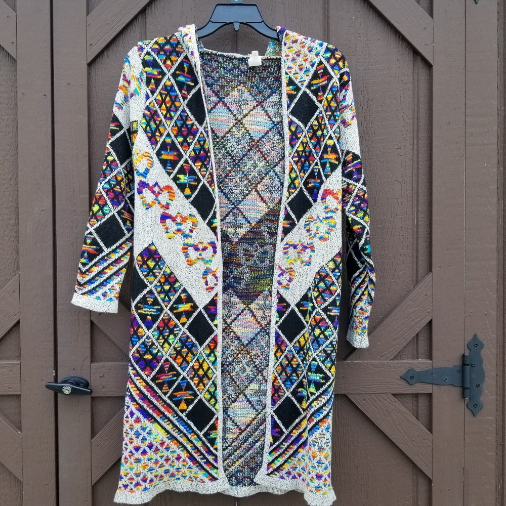 Pinkalicious Long Hooded Duster Black Bright Multicolored Open Cardigan Size S